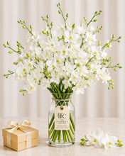 Cargar imagen en el visor de la galería, White Orchid Bouquet with Vase – 10 Fresh Stems